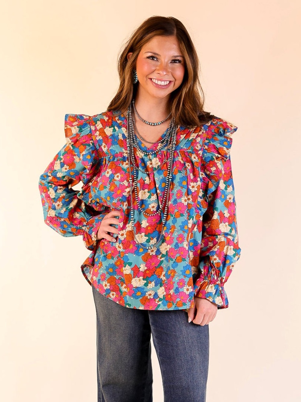 Entro V-Neck Floral Ruffle Detail Long Sleeve Blouse Blue Multi Size S